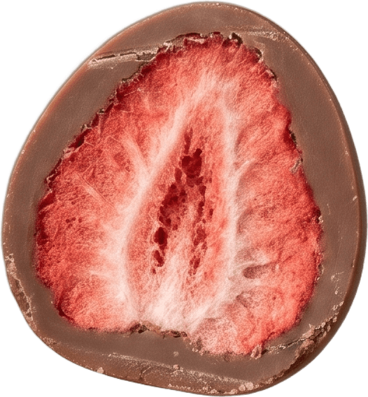 A halved chocolate-covered strawberry, the freeze-dried fruit showing inside