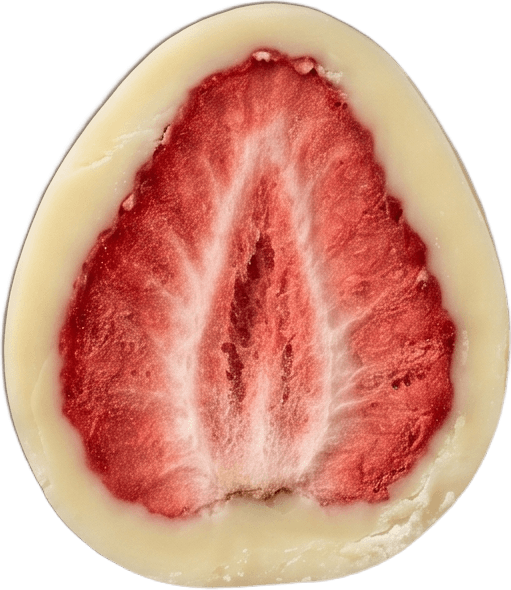 Cut in half, the whole strawberry cross-section inside the white chocolate shell