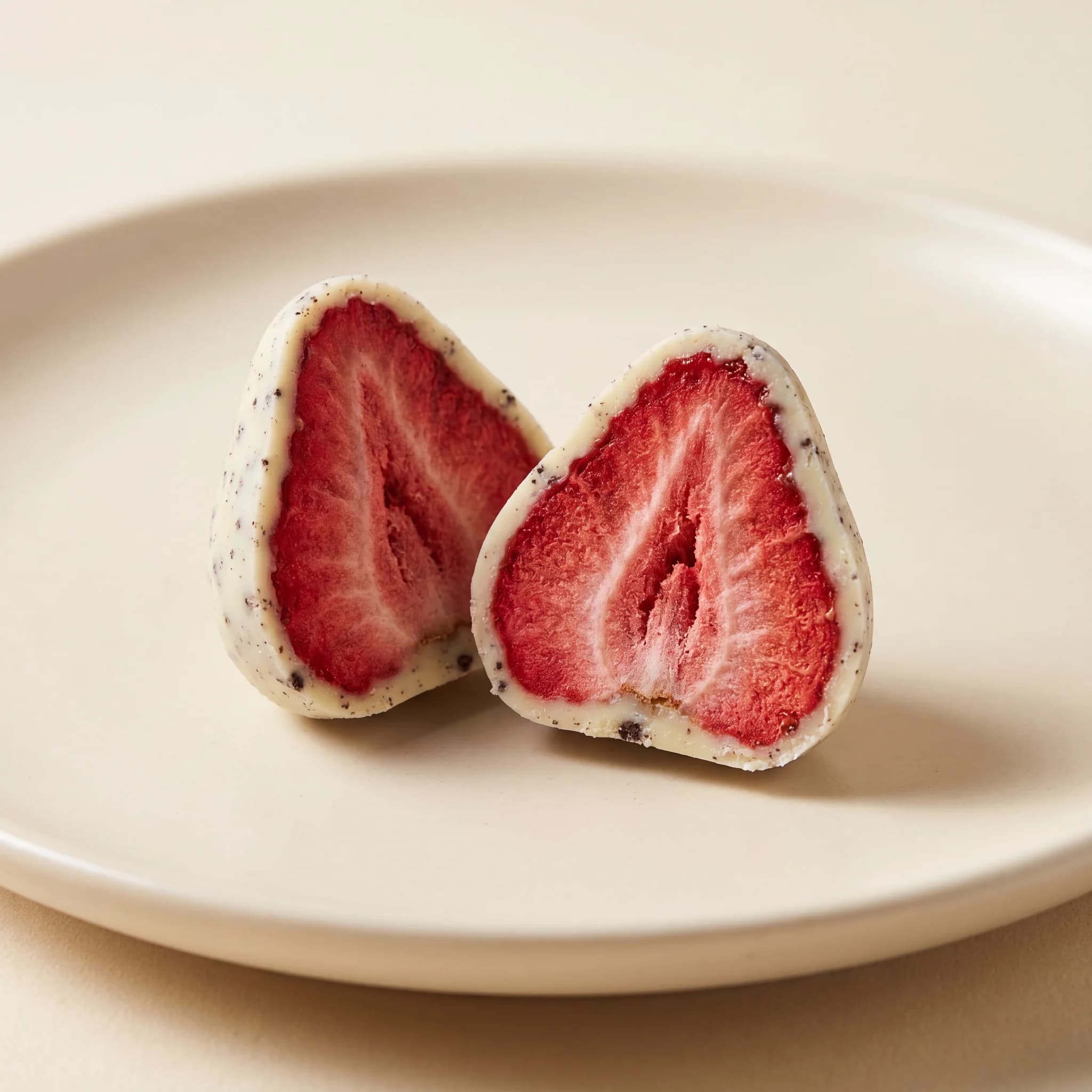 Two cookie-flecked bite halves on a cream plate, the whole strawberry cross-section showing