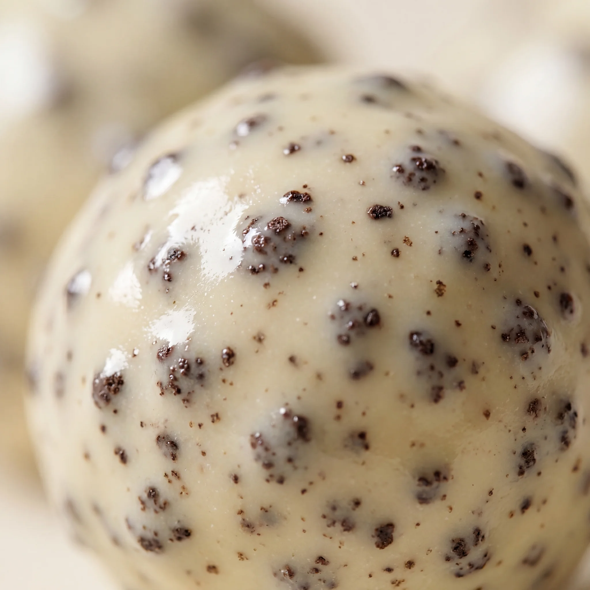 Macro of a single cookie-flecked white chocolate bite
