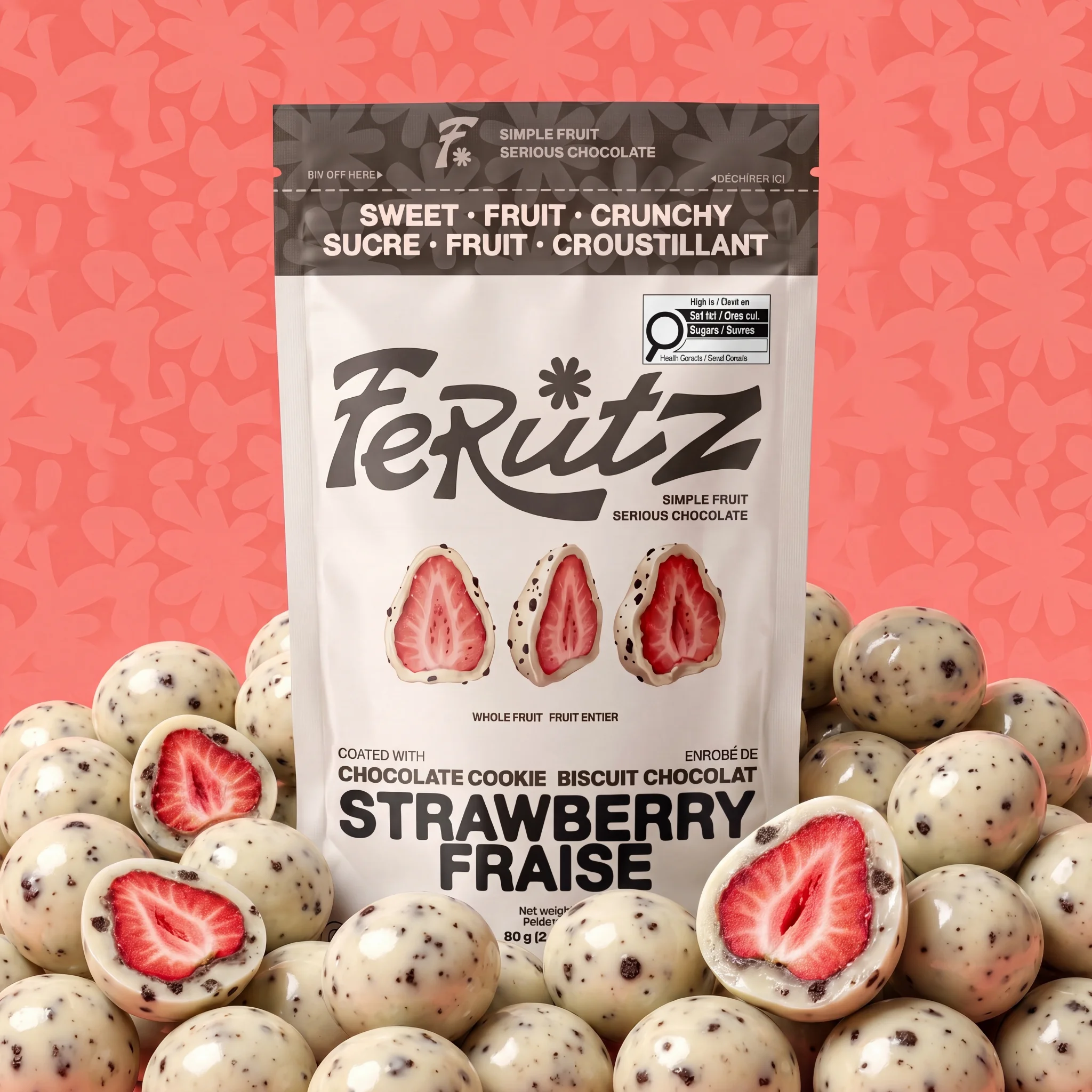 The chocolate cookie strawberry bag standing in a pile of bites on coral