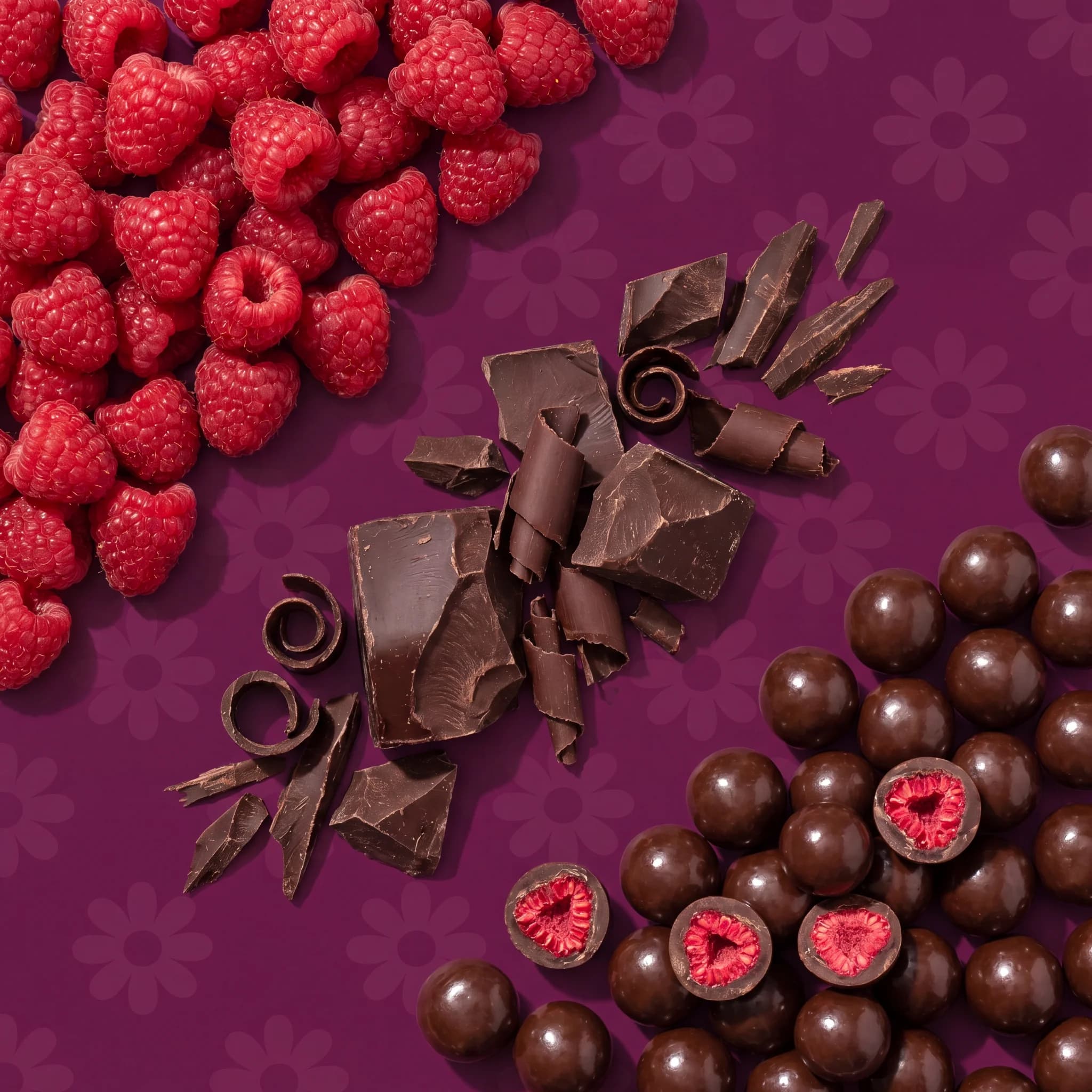 Raspberries, dark chocolate curls and cut bites laid out on plum