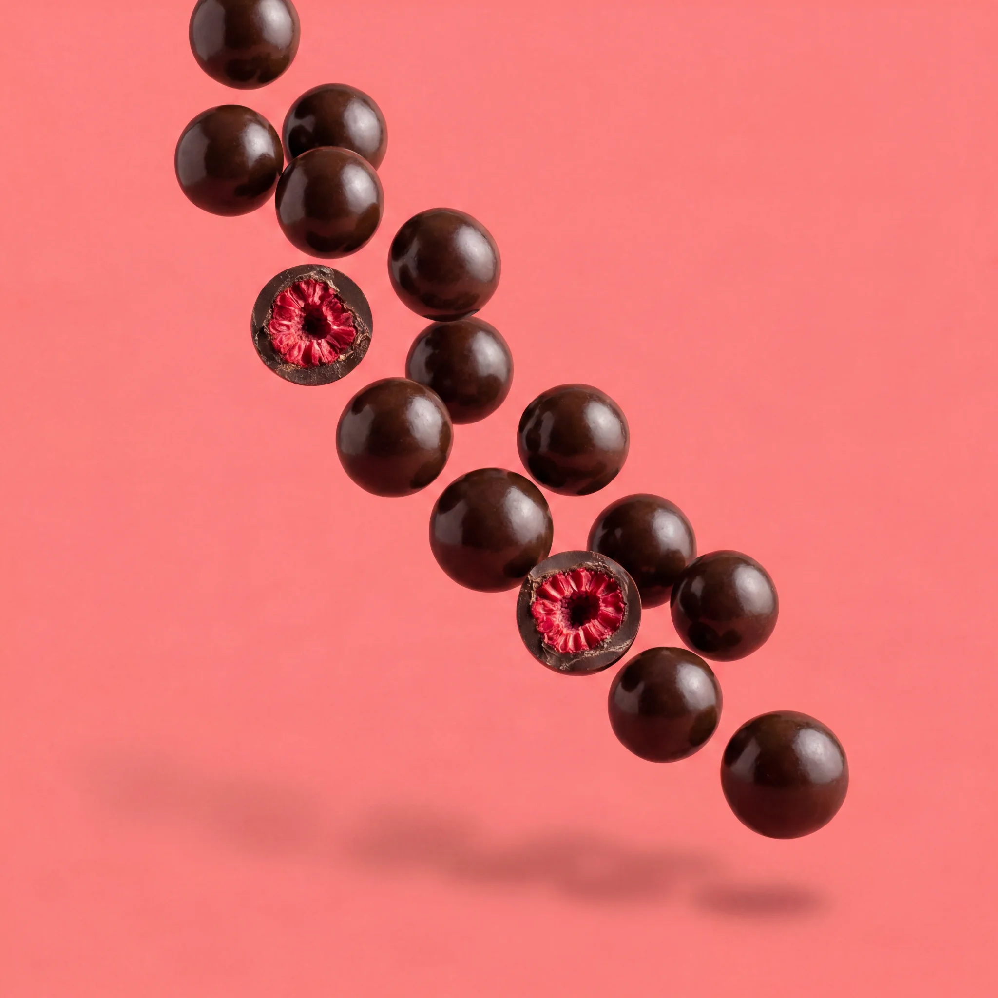 Glossy dark chocolate bites tumbling on coral, two cut open to the whole raspberry