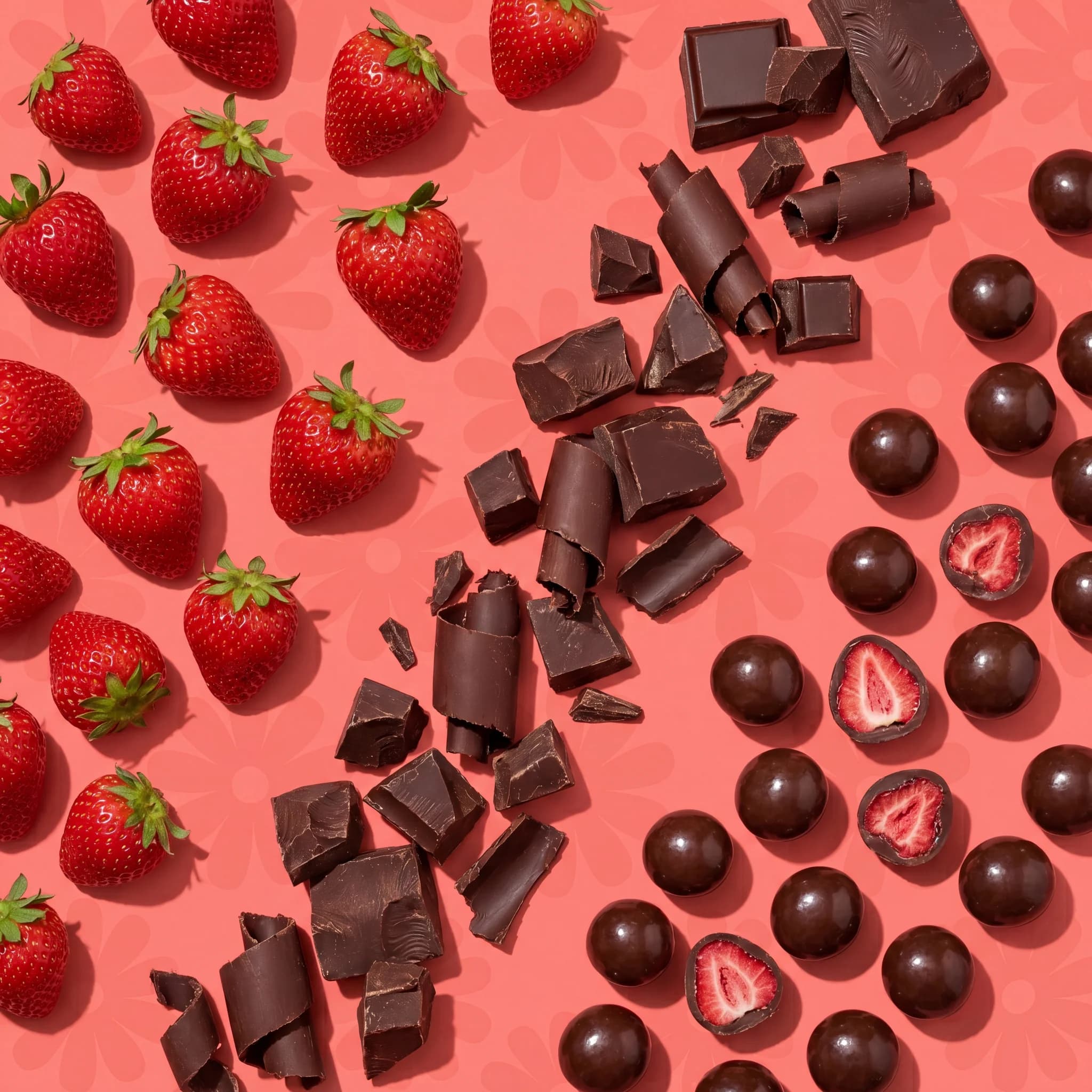 Whole strawberries, dark chocolate chunks and finished bites laid out on coral