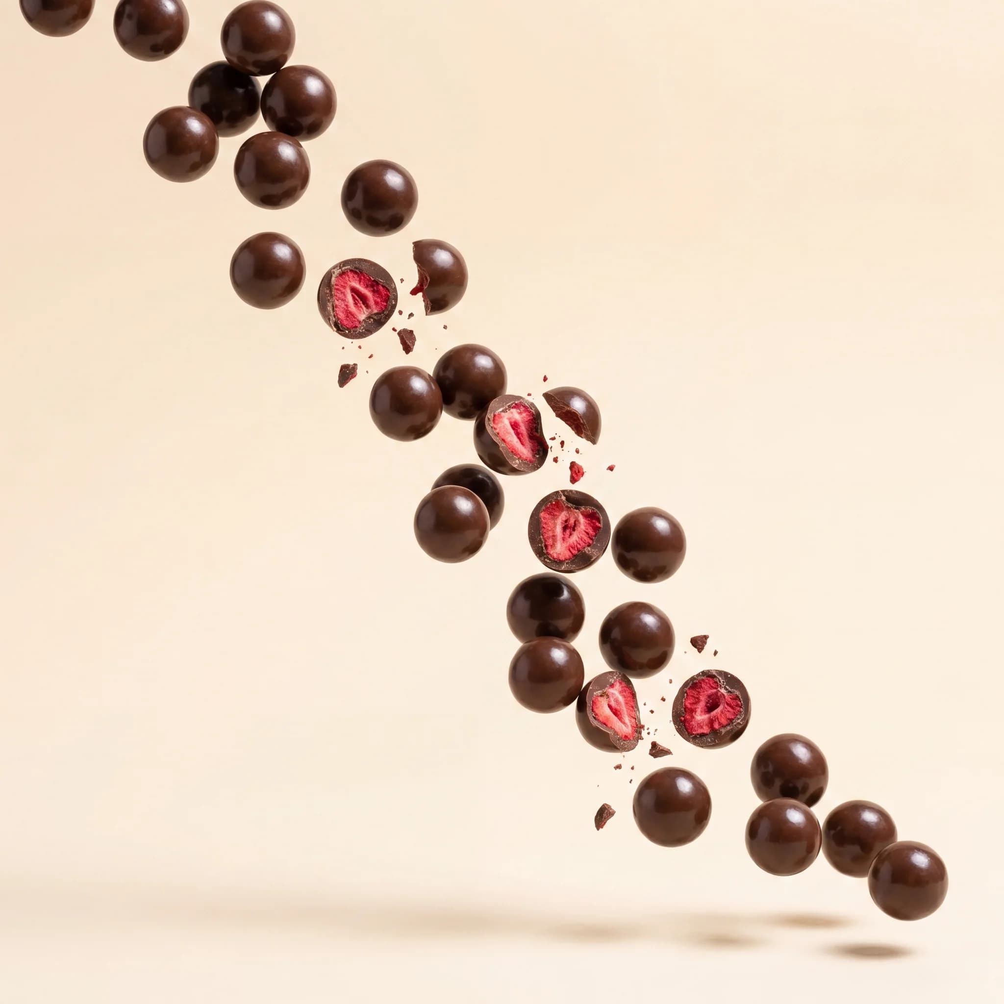 Dark chocolate bites cascading over cream, several split open to the red strawberry inside
