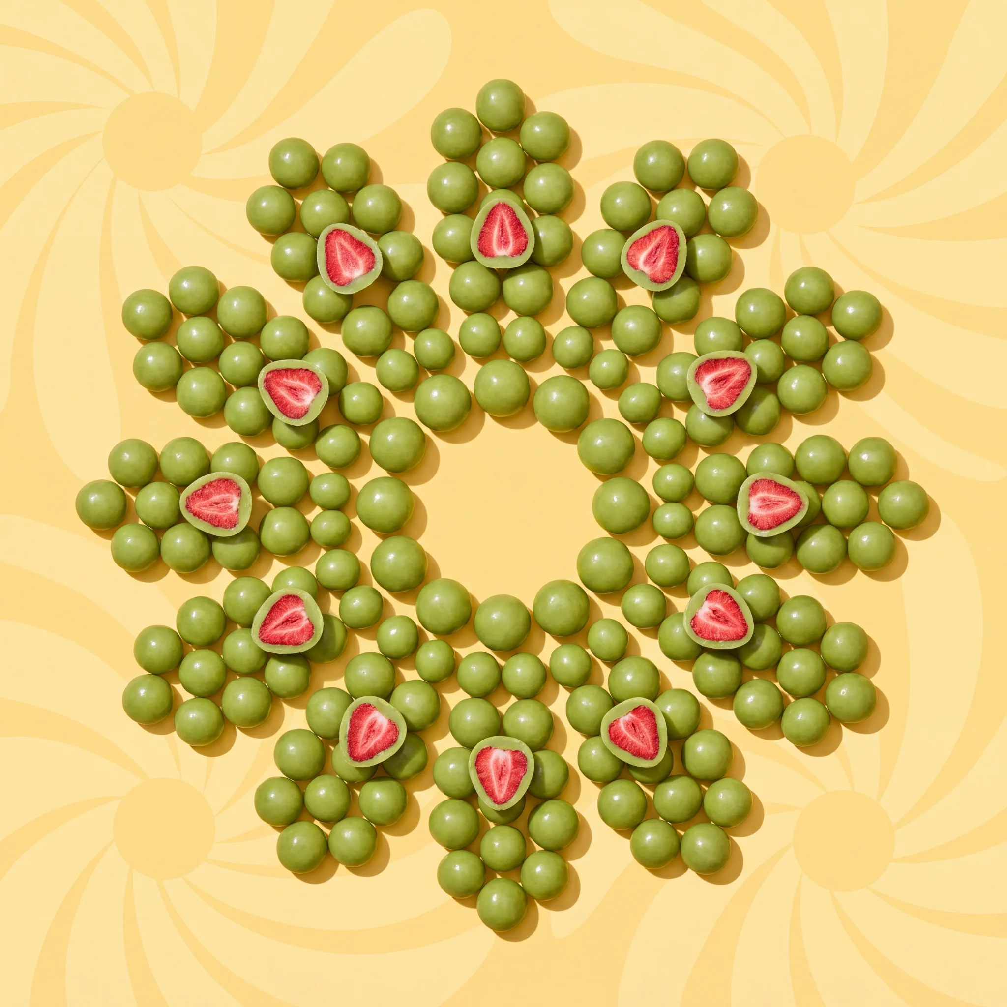 Matcha green bites arranged into a daisy starburst on butter yellow, cut halves showing strawberries