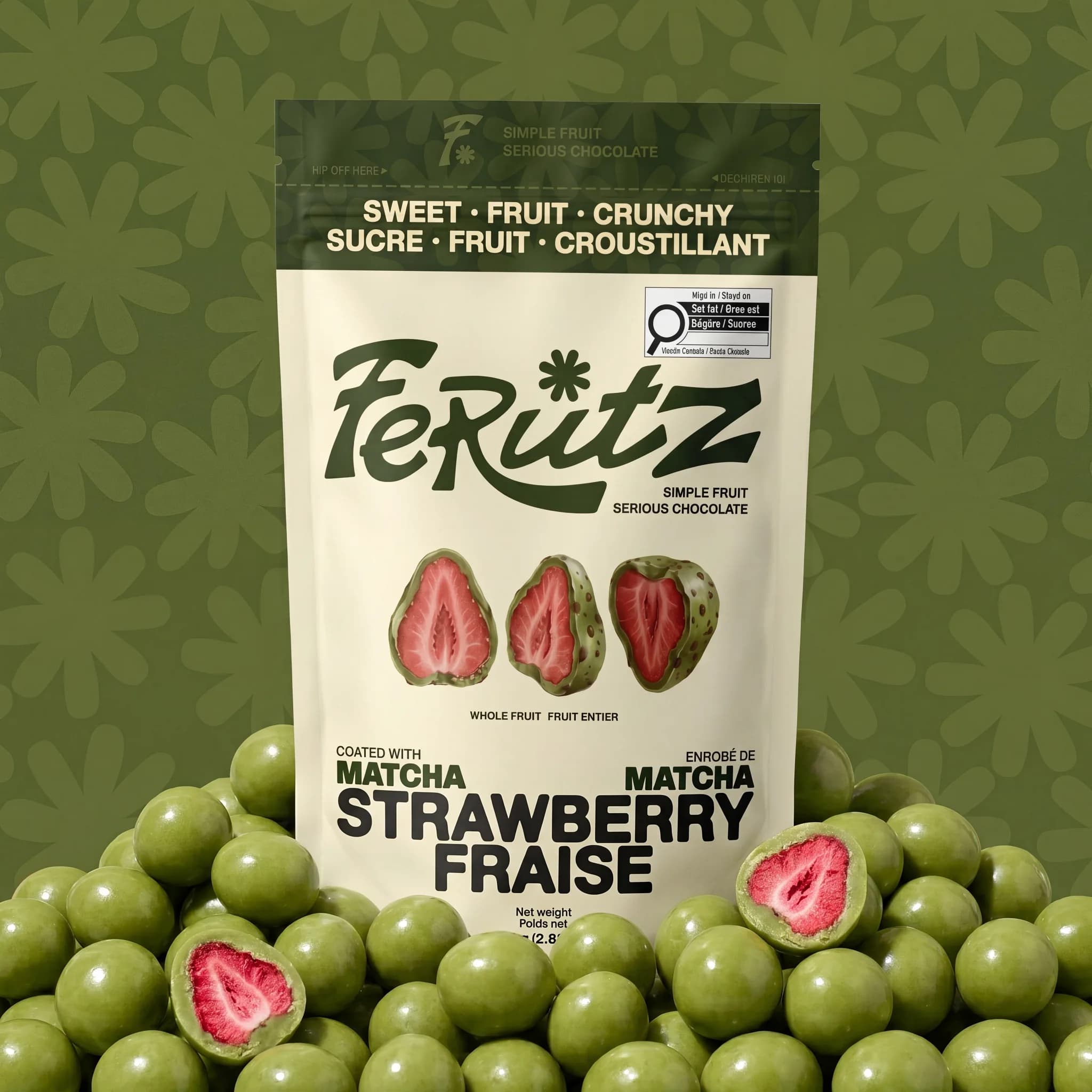 The matcha strawberry bag standing in a pile of green bites