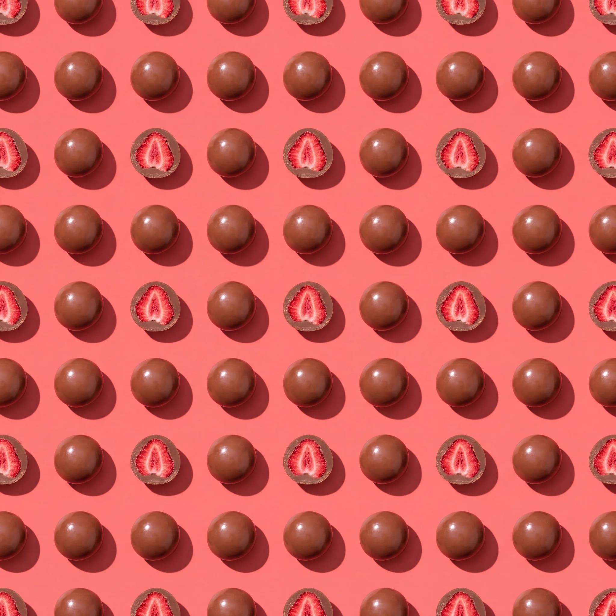 Rows of milk chocolate bites on coral, alternating whole and cut open