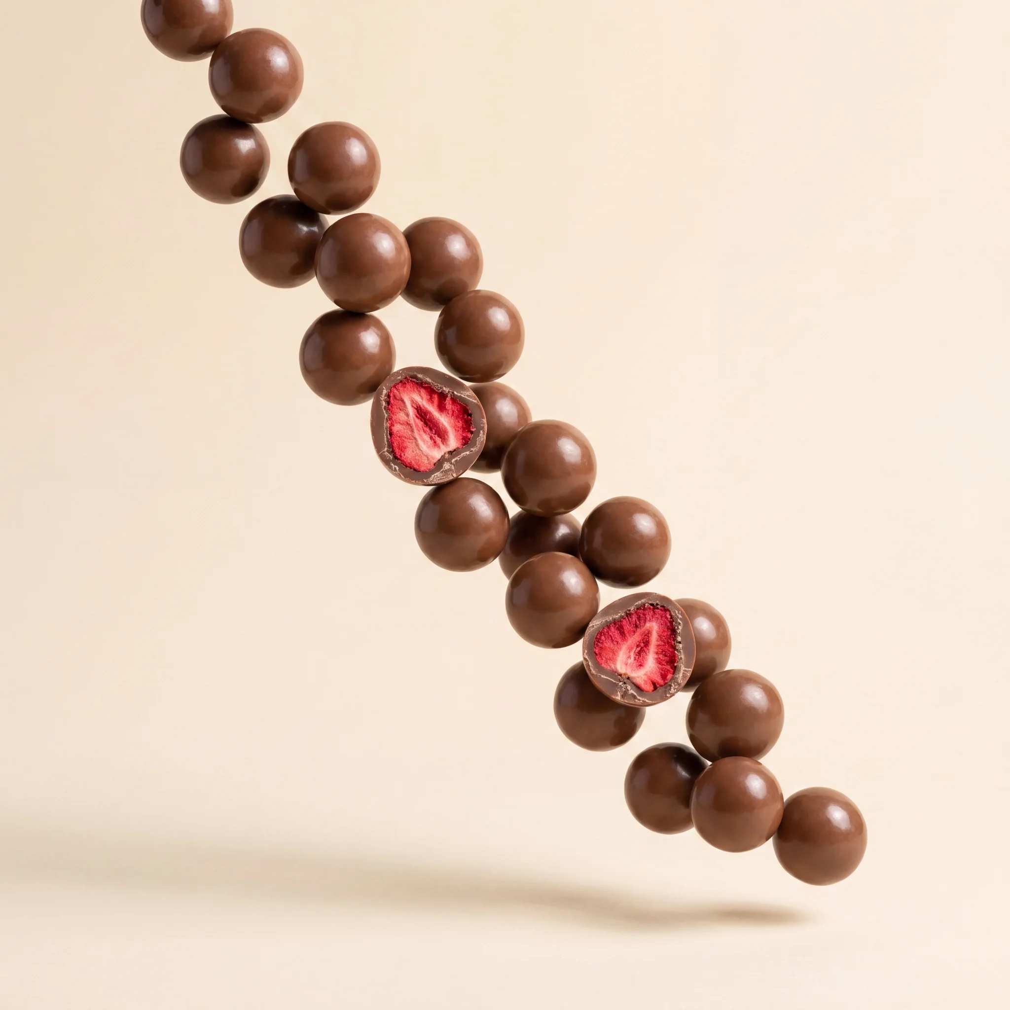 Glossy milk chocolate bites cascading mid-air, two cut open to the whole strawberry inside