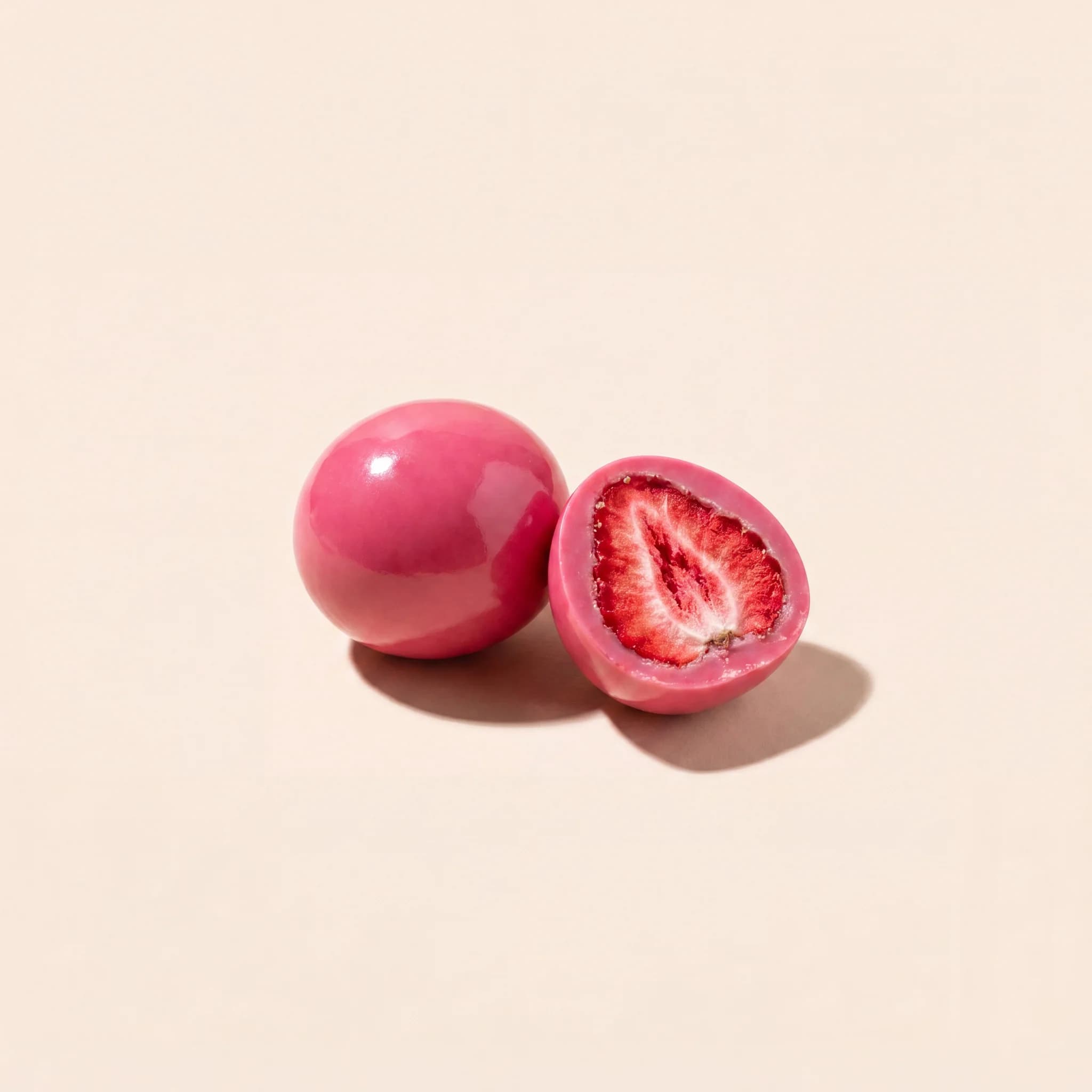 Two pink bites close up, one cut open to the whole strawberry inside