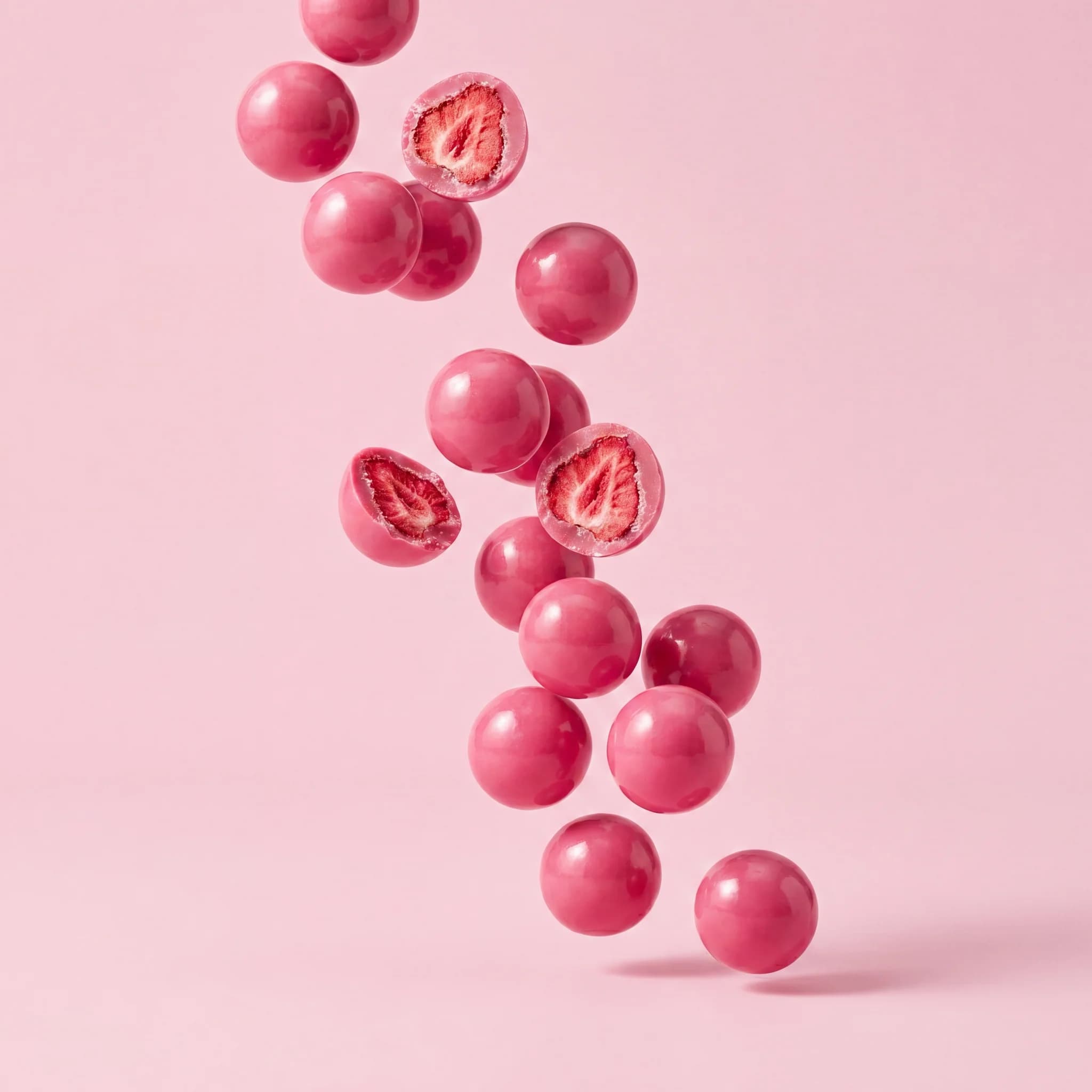 Pink raspberry white chocolate bites falling mid-air with cut halves