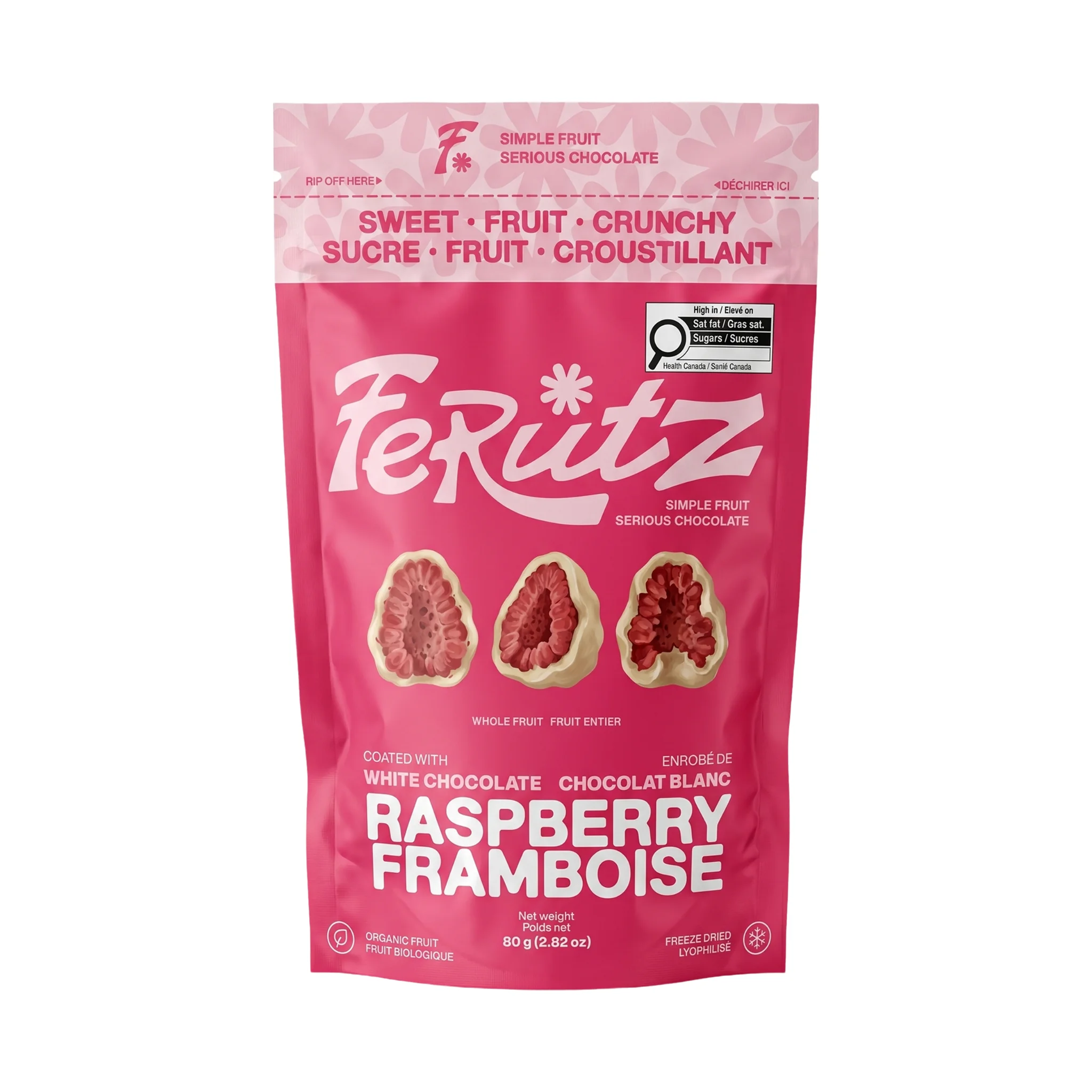 Front of the white chocolate raspberry bag