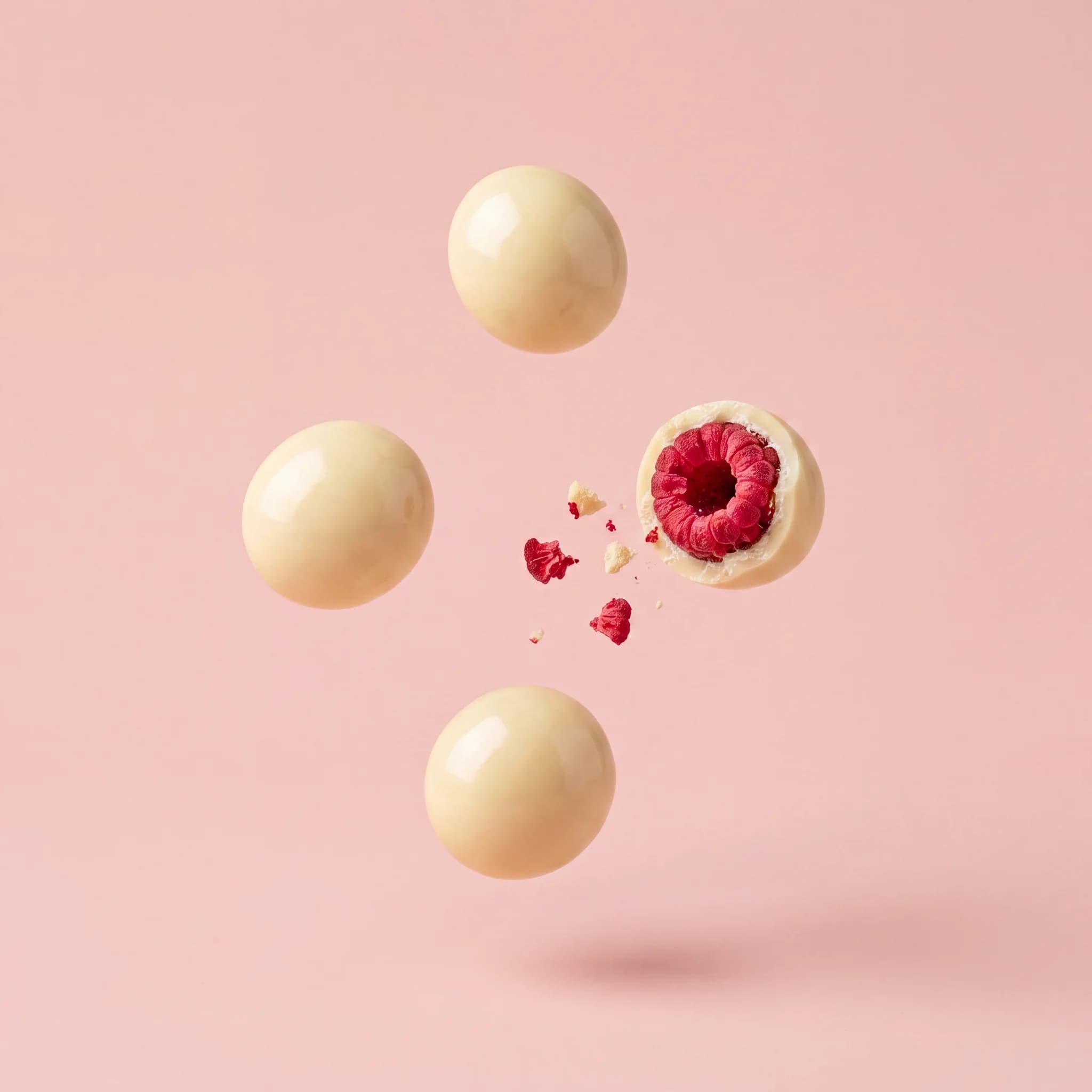 White chocolate raspberry bites floating mid-air, one bitten open to the whole raspberry