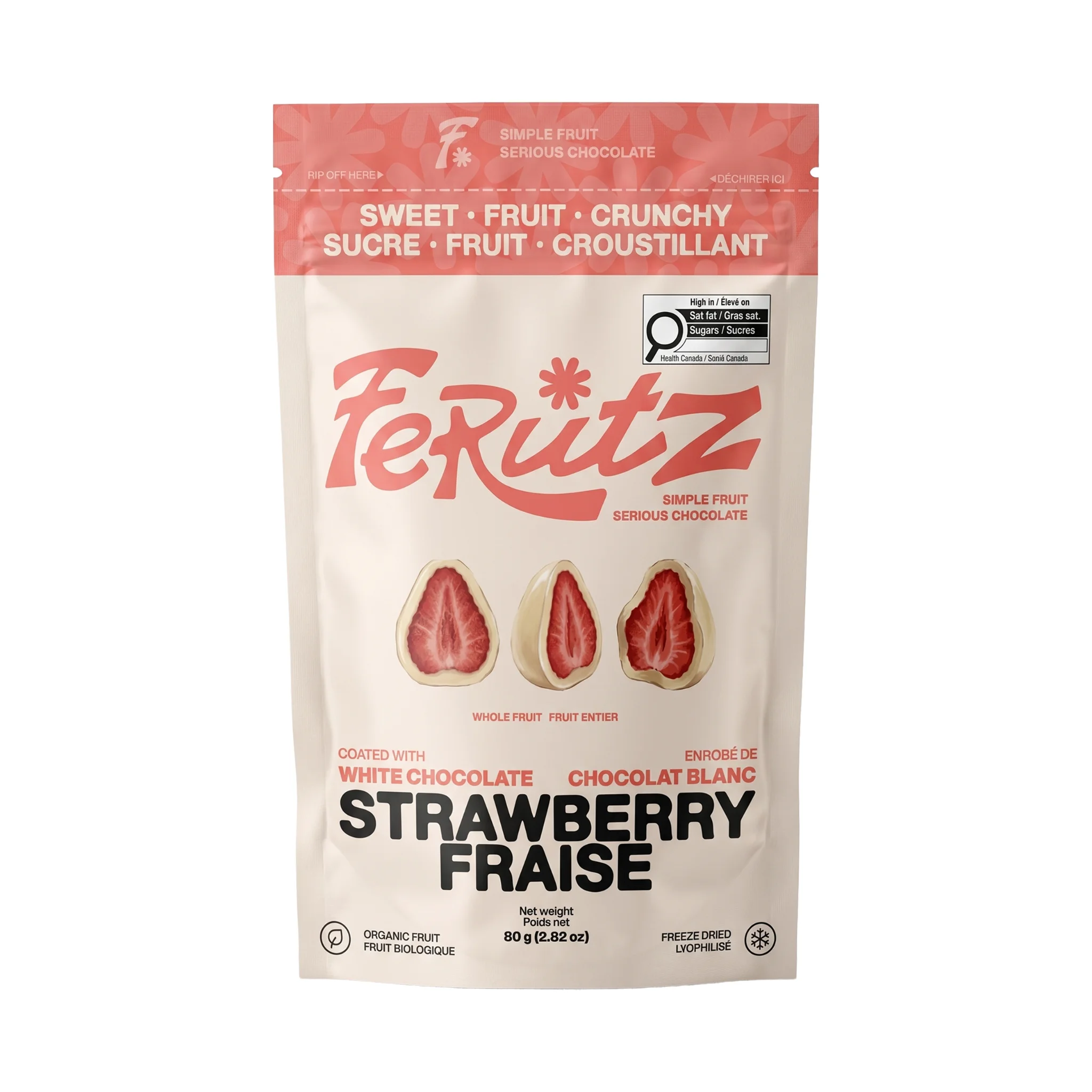 Front of the white chocolate strawberry bag