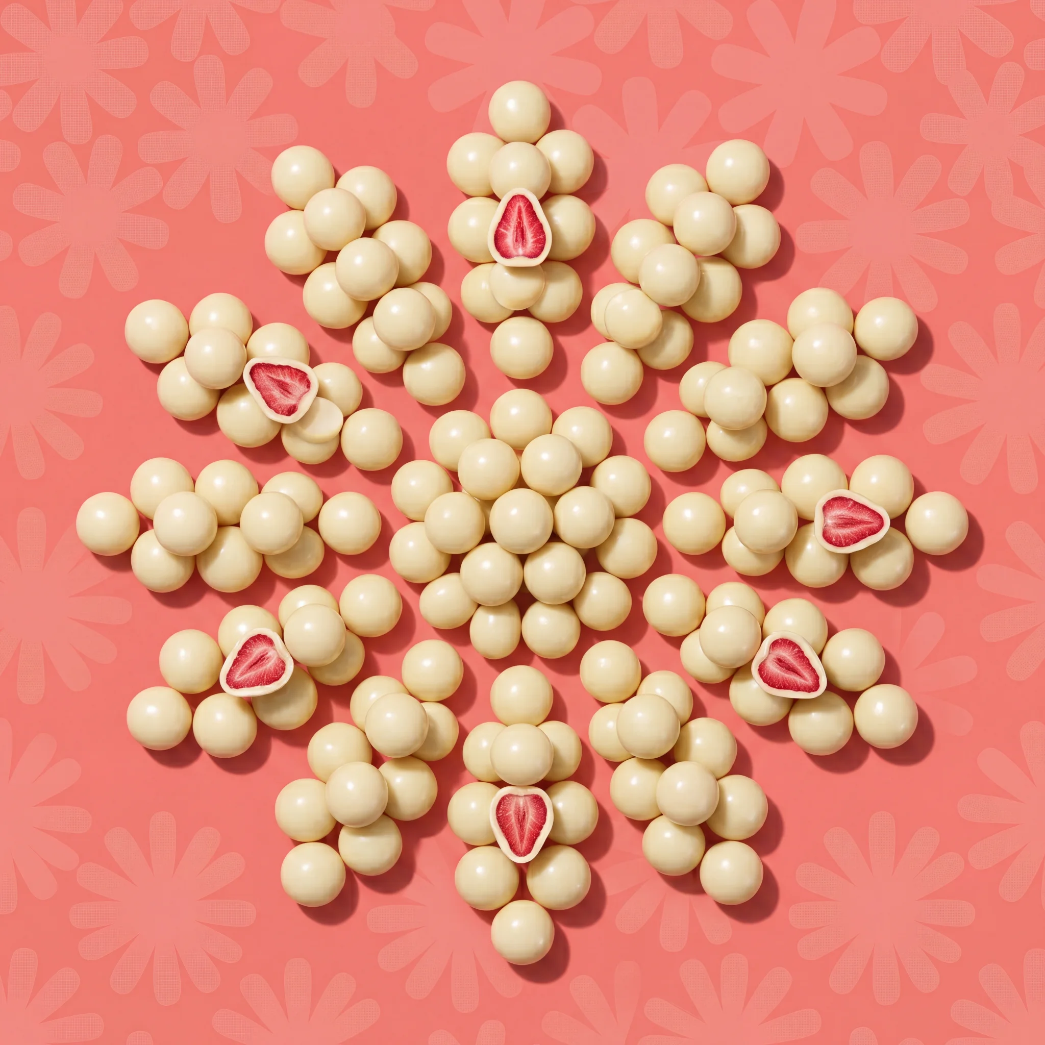 White chocolate strawberry bites arranged into a giant daisy on coral, cut halves showing the whole strawberries inside