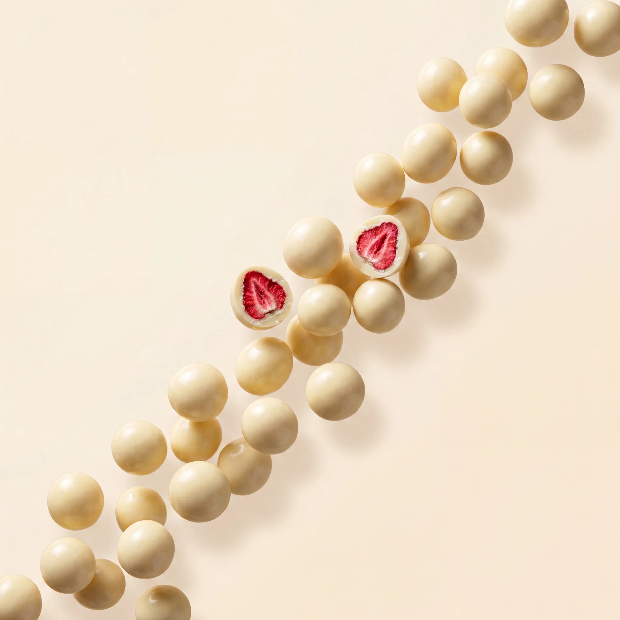 A river of white chocolate bites flowing across cream, two halves cut open to the strawberry